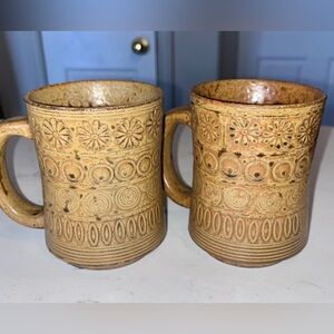 (2) Vintage Stoneware Earthtone, COFFEE CUPS, MUGS, Stamped Design, 70’s, Retro